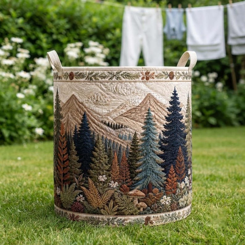 Forest Charm Quilted Laundry Basket, Mountain Tree Storage Bin, Woodland Fabric Hamper