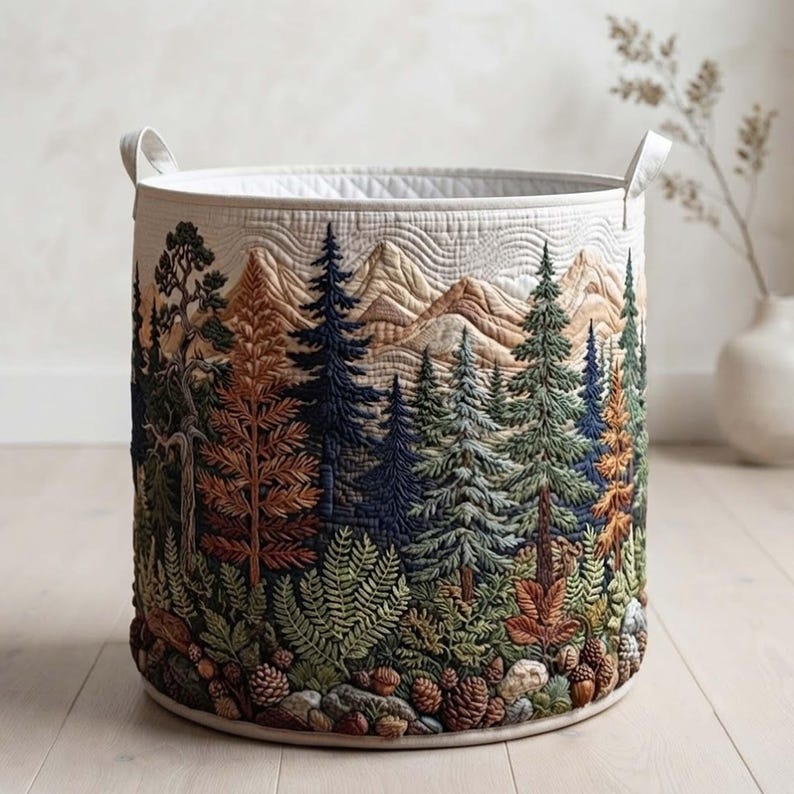Forest Song Quilted Laundry Basket, Pine Tree Clothes Hamper, Rustic Nature Storage Bin