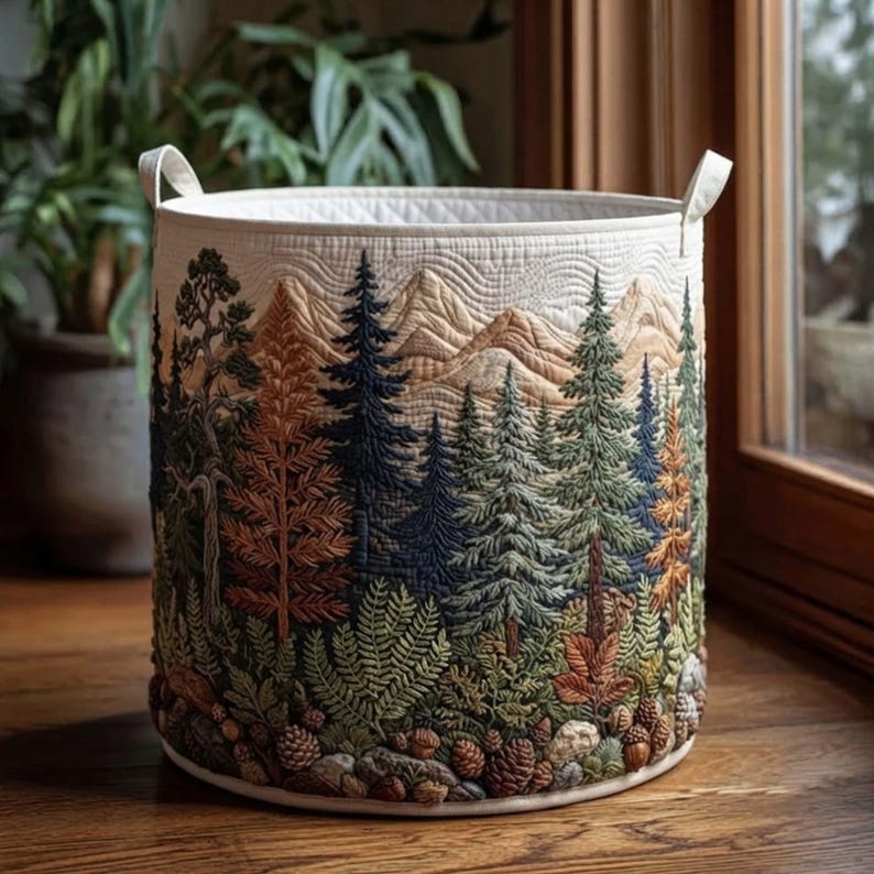Forest Song Quilted Laundry Basket, Pine Tree Clothes Hamper, Rustic Nature Storage Bin
