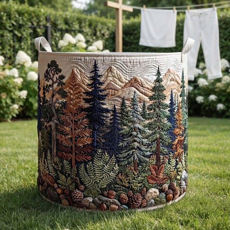 Forest Song Quilted Laundry Basket, Pine Tree Clothes Hamper, Rustic Nature Storage Bin