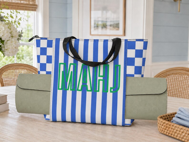 Mahjong Mat Carrying Bag with Built-In Rolled Mat Sleeve, Zippered Mah Jongg Tote, Preppy Game Night Organizer Gift