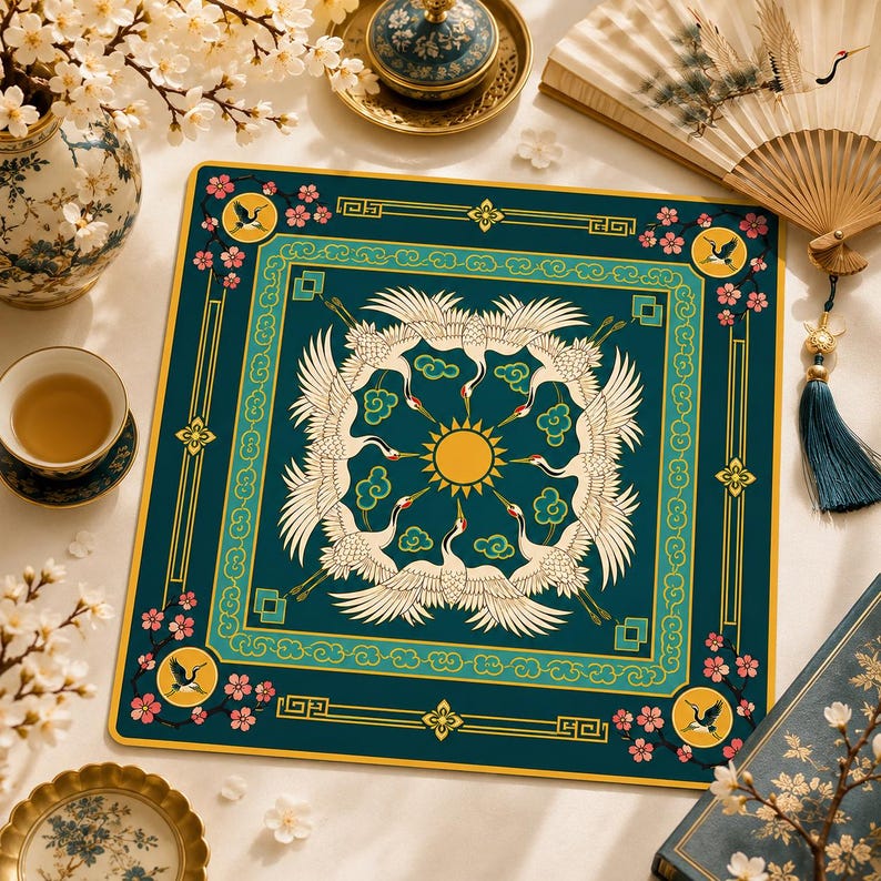 Crane Chinoiserie Mahjong Mat, Emerald Green American Mahjong Game Mat, Japanese Mahjong Mat