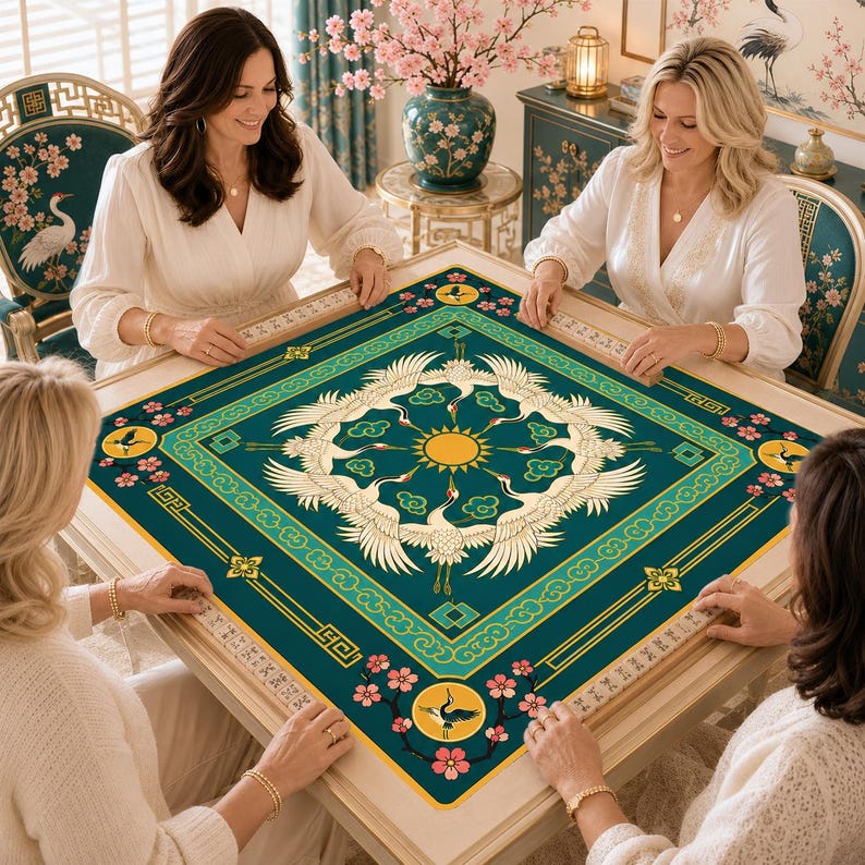 Crane Chinoiserie Mahjong Mat, Emerald Green American Mahjong Game Mat, Japanese Mahjong Mat