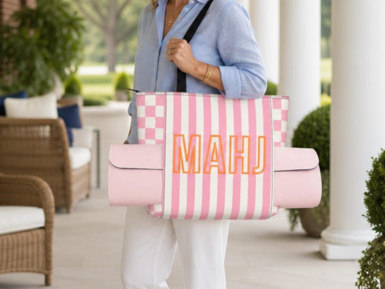 Mahjong Mat Carrying Bag, Mahjong Striped Tote with Zipper, Game Night Storage Bag, Travel Mah Jongg Organizer