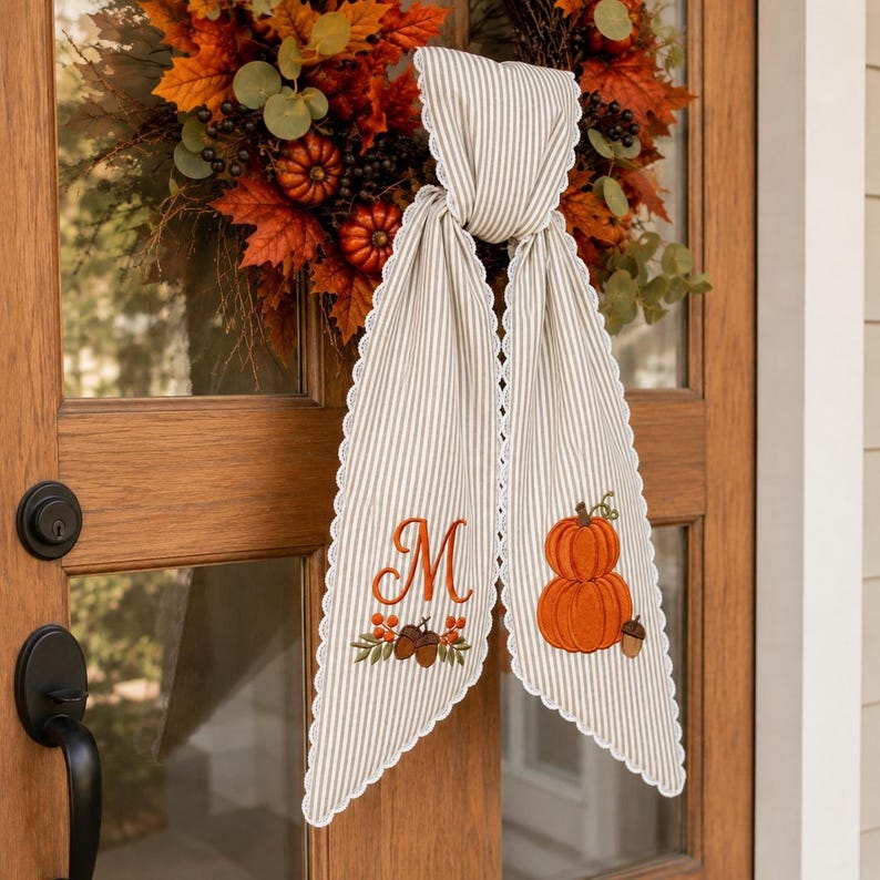 Embroidered Pumpkin Monogram Wreath Sash, Personalized Fall Door Bow, Autumn Harvest Front Door Decor