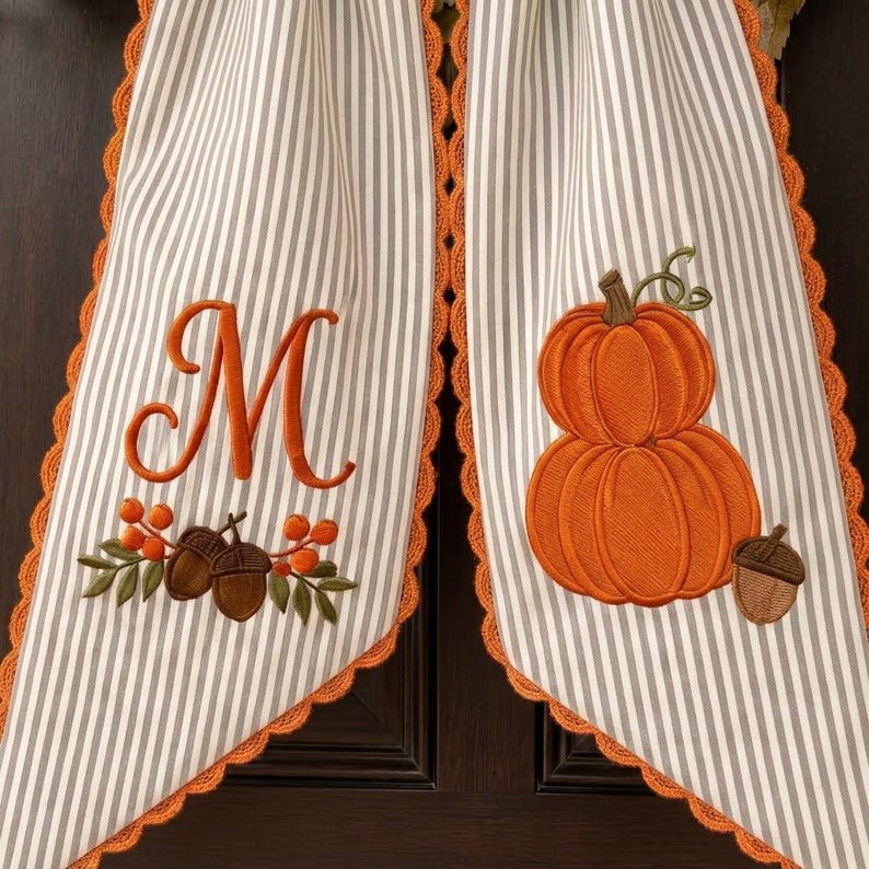 Embroidered Pumpkin Monogram Wreath Sash, Personalized Fall Door Bow, Autumn Harvest Front Door Decor