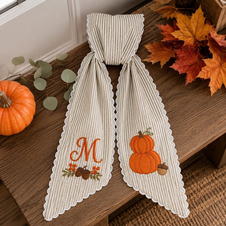 Embroidered Pumpkin Monogram Wreath Sash, Personalized Fall Door Bow, Autumn Harvest Front Door Decor