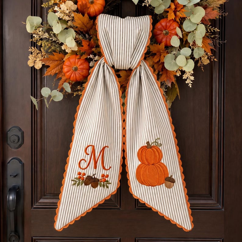 Embroidered Pumpkin Monogram Wreath Sash, Personalized Fall Door Bow, Autumn Harvest Front Door Decor