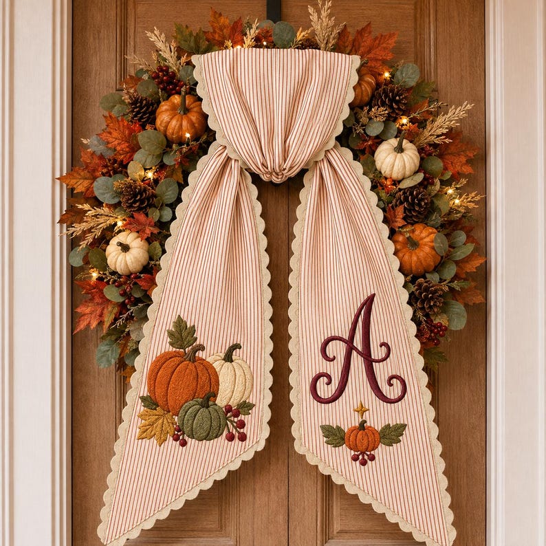 Personalized Fall Wreath Sash, Pumpkin Monogram Door Bow, Embroidered Autumn Wreath Bow, Thanksgiving Front Door Decor