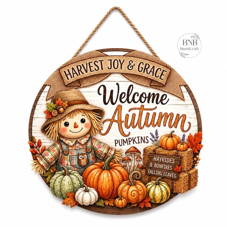 Welcome Autumn Door Hanger, Scarecrow Fall Door Sign, Pumpkin Thanksgiving Decor, Rustic Harvest Front Porch Wood Sign
