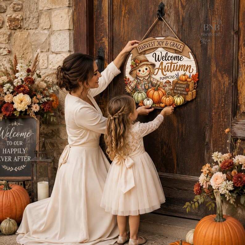Welcome Autumn Door Hanger, Scarecrow Fall Door Sign, Pumpkin Thanksgiving Decor, Rustic Harvest Front Porch Wood Sign
