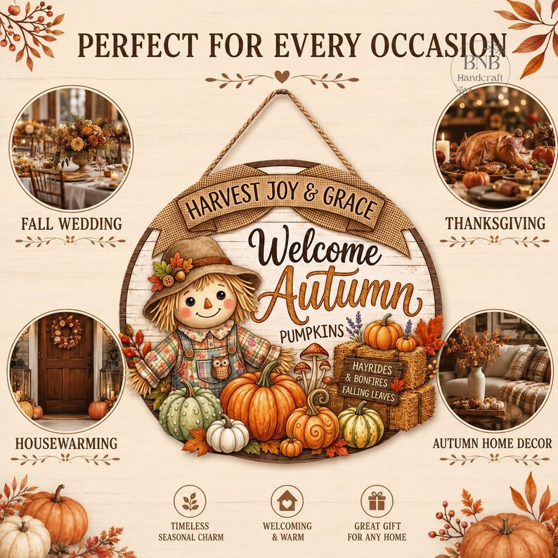Welcome Autumn Door Hanger, Scarecrow Fall Door Sign, Pumpkin Thanksgiving Decor, Rustic Harvest Front Porch Wood Sign