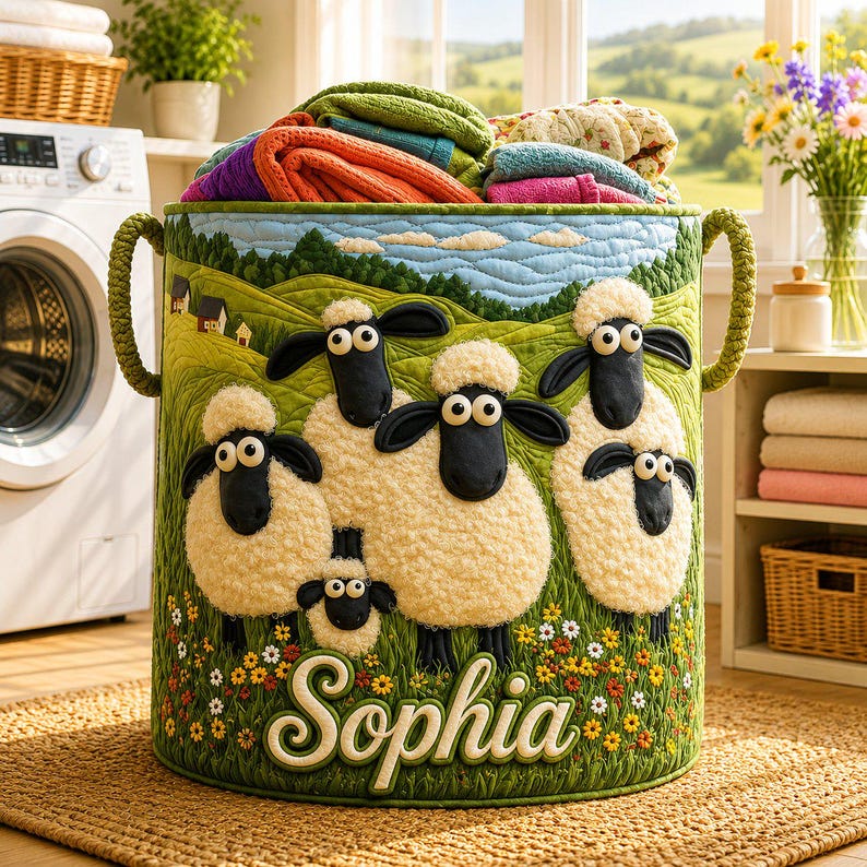 Personalized Happy Sheep Quilt Laundry Basket, Custom Name Farming Sheep Quilted Hamper, Kid Toy Storage Bin