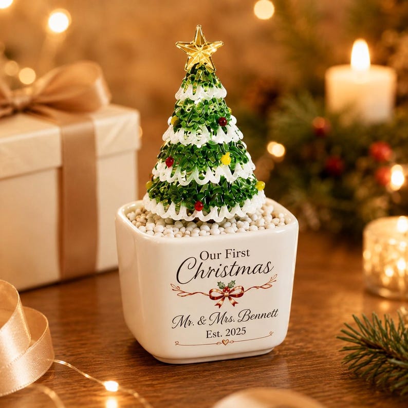 Personalized Ceramic Christmas Tree Pot with Names, First Christmas Table Decor, Gifts for Daughter