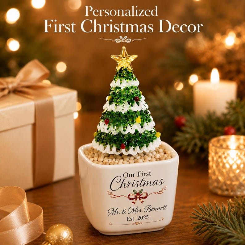 Personalized Ceramic Christmas Tree Pot with Names, First Christmas Table Decor, Gifts for Daughter