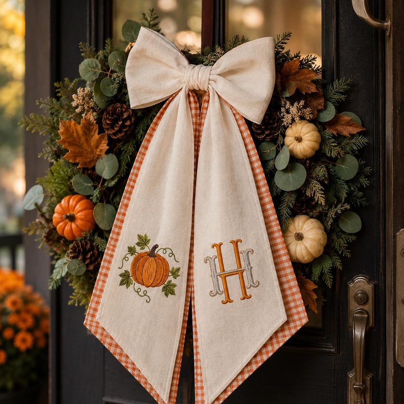 Embroidered Monogrammed Pumpkin Halloween Thanksgiving Fall Wreath Sash, Sash Pumpkin Personalized Holiday Gift
