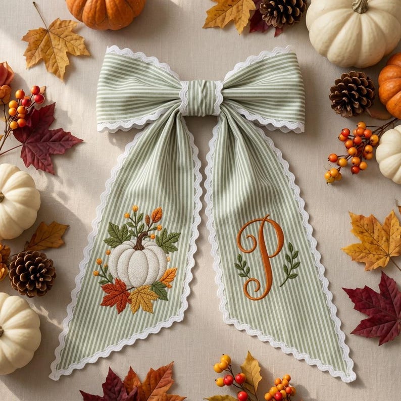 Personalized Pumpkin Wreath Sash, Embroidered Fall Monogram Gingham Door Bow, Thanksgiving Front Door Decor