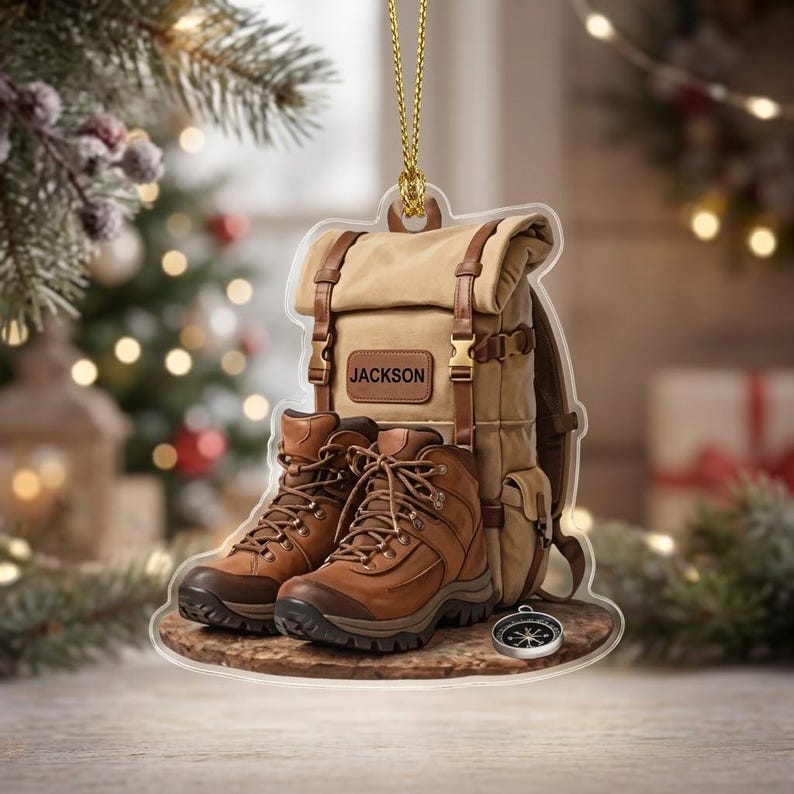 Personalized Hiking Backpack Ornament, Custom Hiker Boots Christmas Decor Keepsake