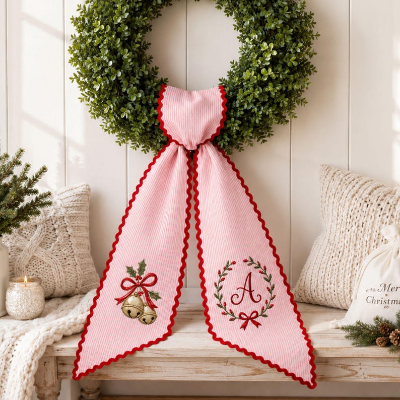 Custom Jingle Bell Wreath Sash, Pink Stripe Monogram Door Bow, Embroidered Xmas Ribbon, Holiday Front Door Sash Decor