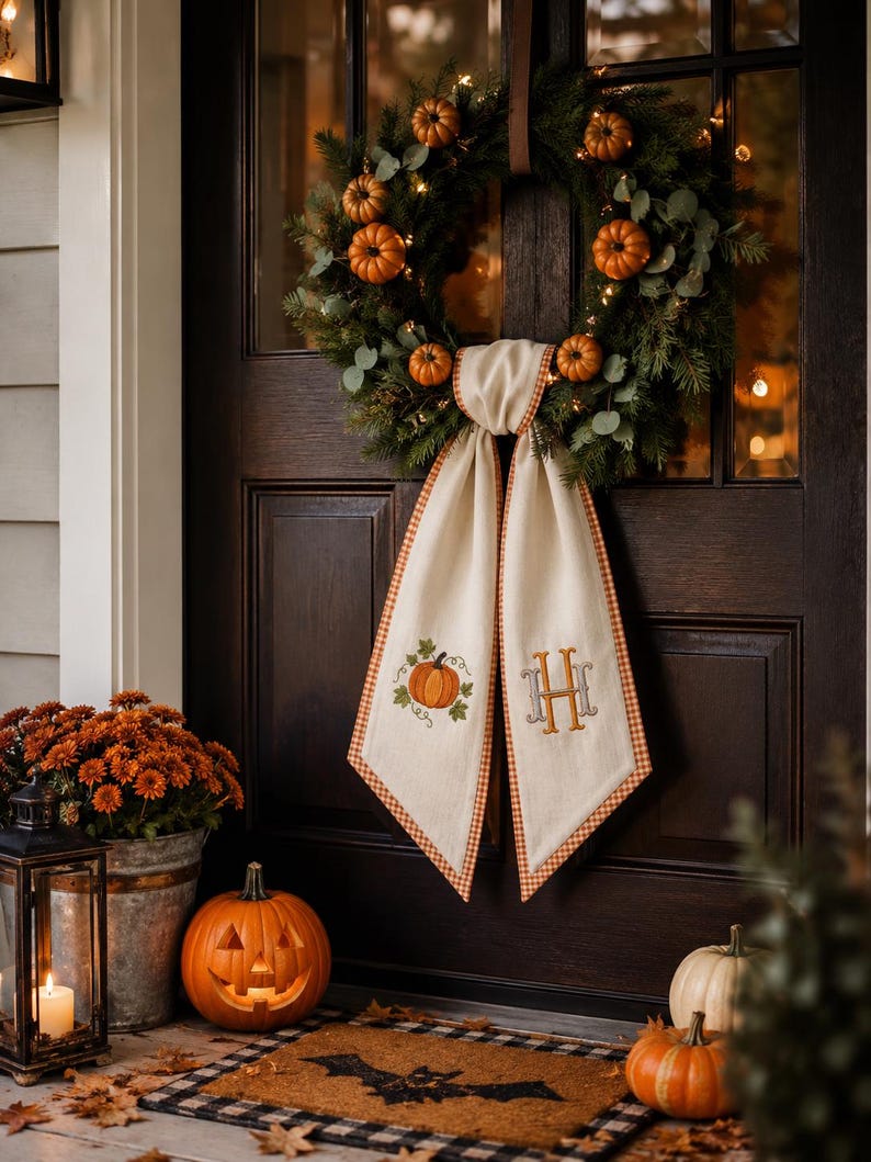 Embroidered Monogrammed Pumpkin Halloween Thanksgiving Fall Wreath Sash, Sash Pumpkin Personalized Holiday Gift