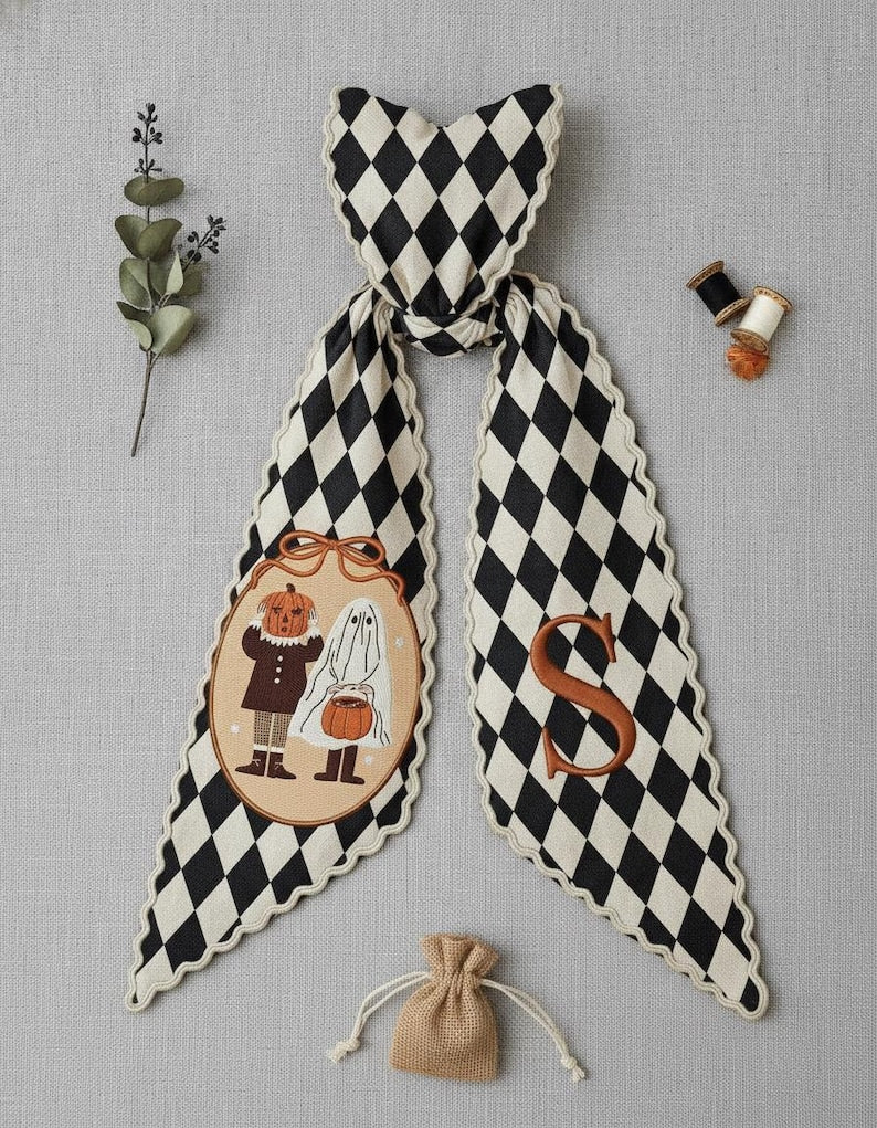 Halloween Harlequin Door Sash, Personalized Monogrammed Front Door Decor, Festive Fall Wreath Bow, Spooky Ghost Pumpkin Hanging