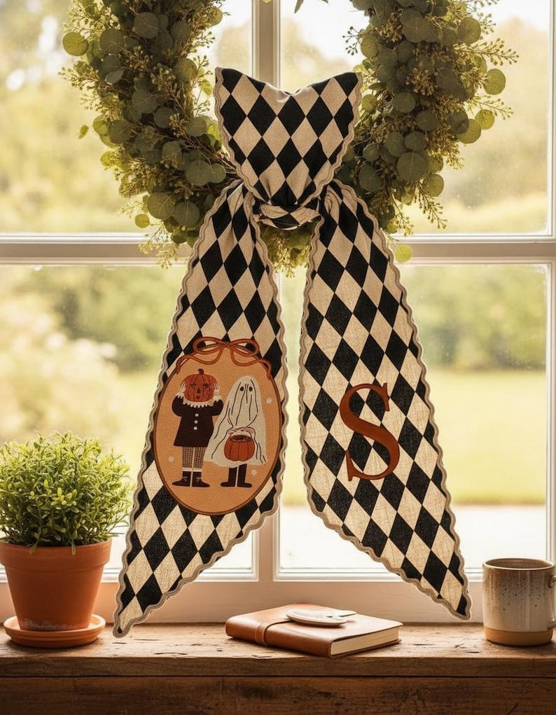 Halloween Harlequin Door Sash, Personalized Monogrammed Front Door Decor, Festive Fall Wreath Bow, Spooky Ghost Pumpkin Hanging