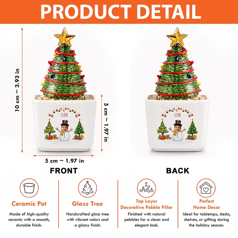 Personalized Mini Glass Christmas Tree in Ceramic Pot, Custom Photo & Name Tabletop Decor