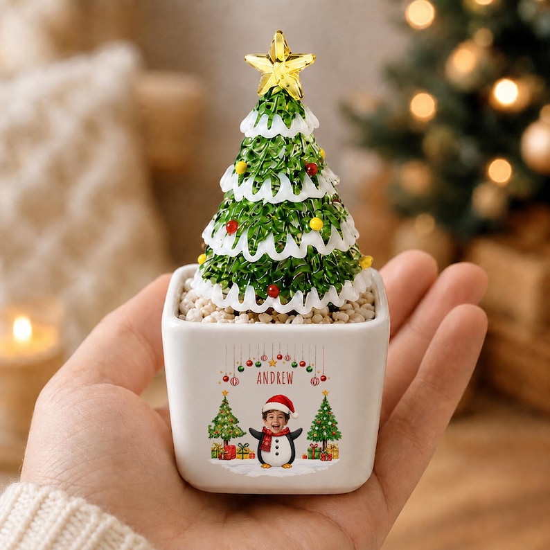 Personalized Mini Glass Christmas Tree in Ceramic Pot, Custom Photo & Name Tabletop Decor