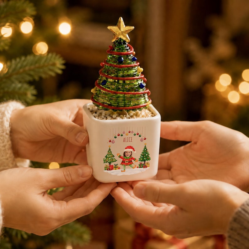 Personalized Mini Glass Christmas Tree in Ceramic Pot, Custom Photo & Name Tabletop Decor