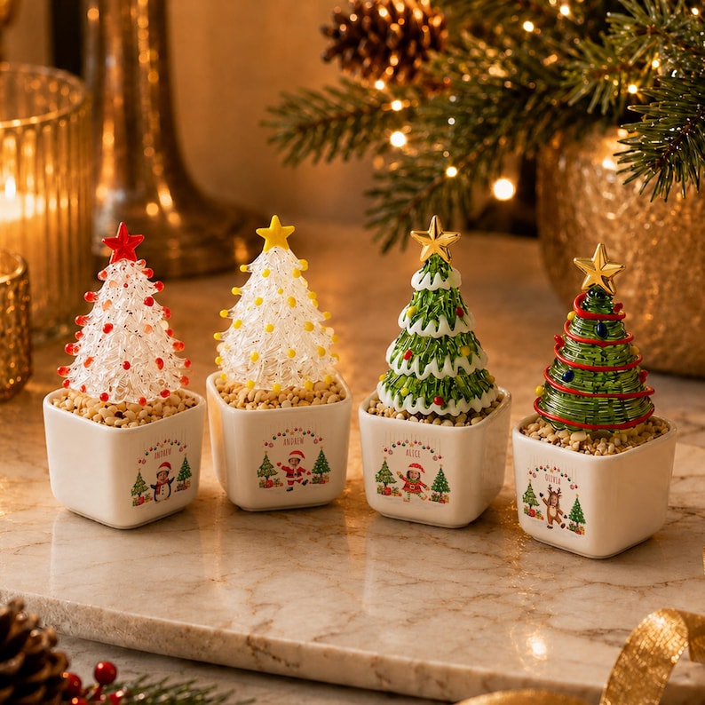 Personalized Mini Glass Christmas Tree in Ceramic Pot, Custom Photo & Name Tabletop Decor