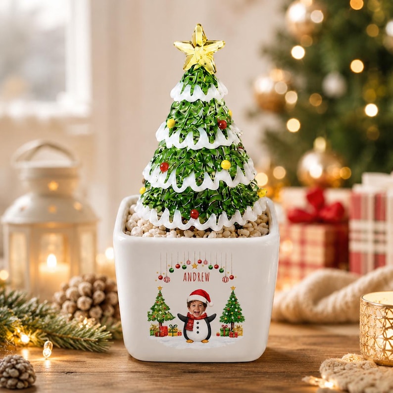Personalized Mini Glass Christmas Tree in Ceramic Pot, Custom Photo & Name Tabletop Decor