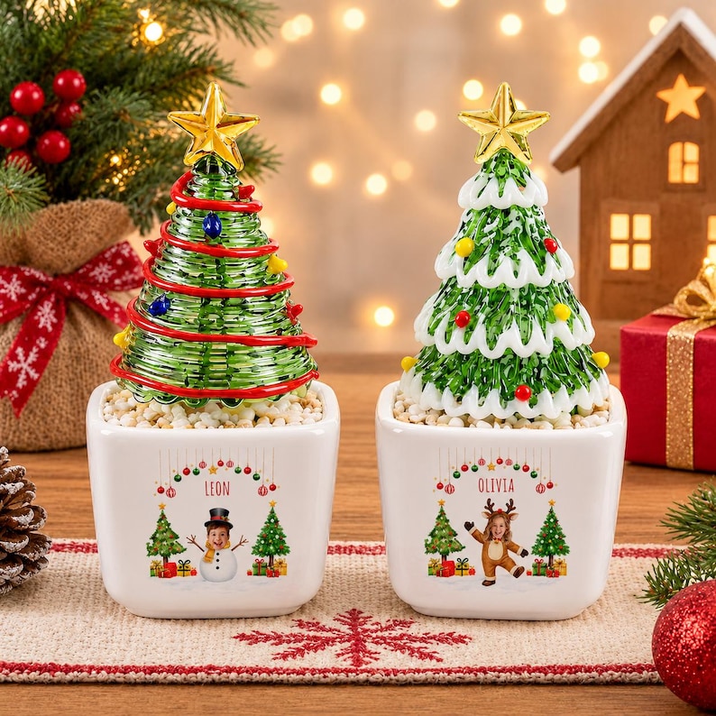 Personalized Mini Glass Christmas Tree in Ceramic Pot, Custom Photo & Name Tabletop Decor