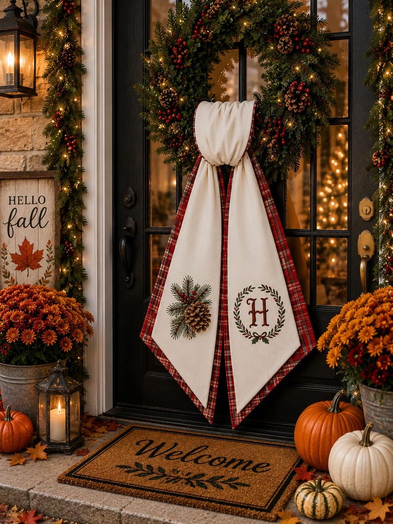 Embroidered Pine Cones Sash, Monogrammed Christmas Wreath Sash, Embroidered Pine Cones Holiday Festive Door Decor