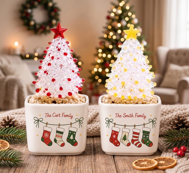 Personalized Family Stocking Glass Christmas Tree in Ceramic Pot, Custom Name Tabletop Xmas Decor