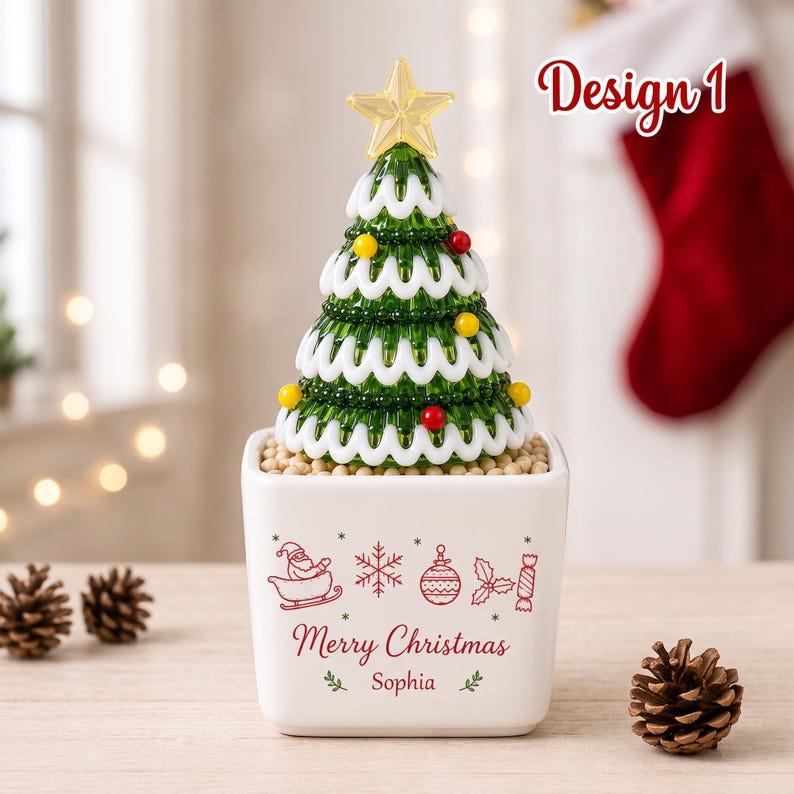 Custom Winter Wonderland Mini Glass Christmas Tree, Personalized Name Ceramic Pot Decor