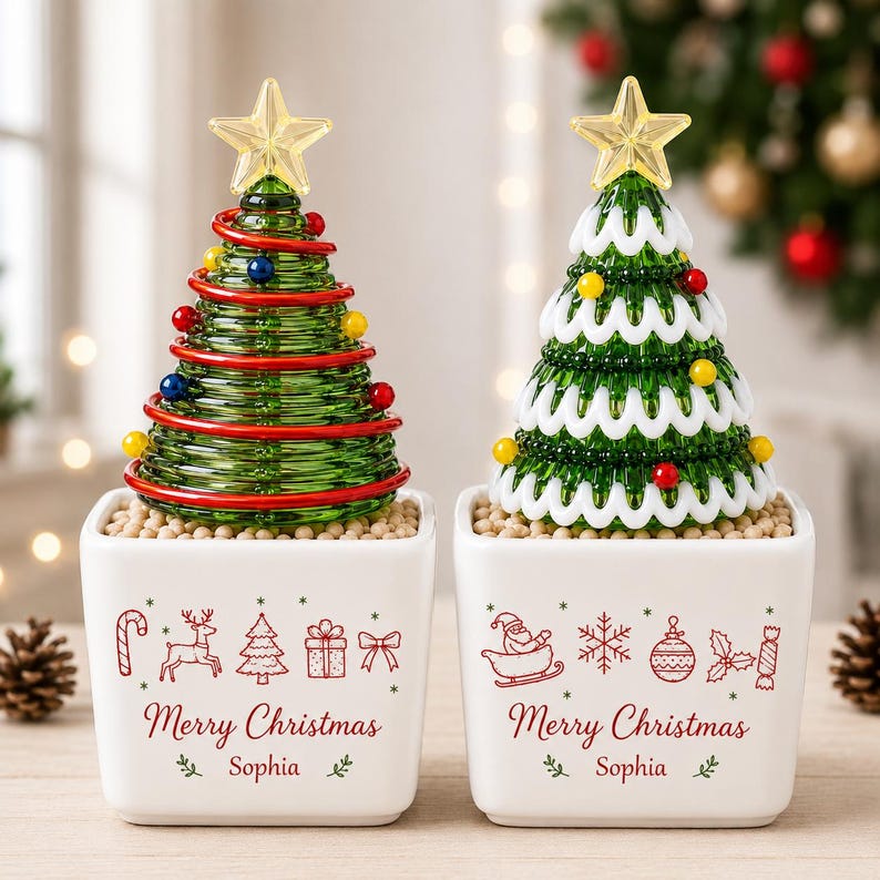 Custom Winter Wonderland Mini Glass Christmas Tree, Personalized Name Ceramic Pot Decor