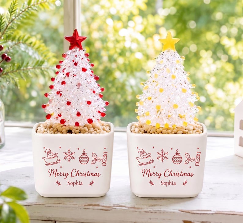 Custom Winter Wonderland Mini Glass Christmas Tree, Personalized Name Ceramic Pot Decor