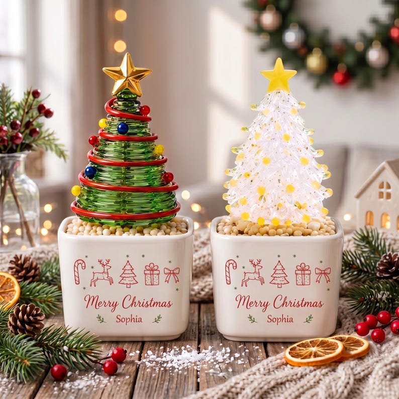 Custom Winter Wonderland Mini Glass Christmas Tree, Personalized Name Ceramic Pot Decor