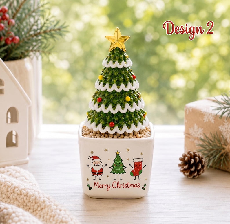 Personalized Santa & Reindeer Glass Christmas Tree Figurine, Custom Ceramic Pot Holiday Table Decor, Cute Xmas Keepsake