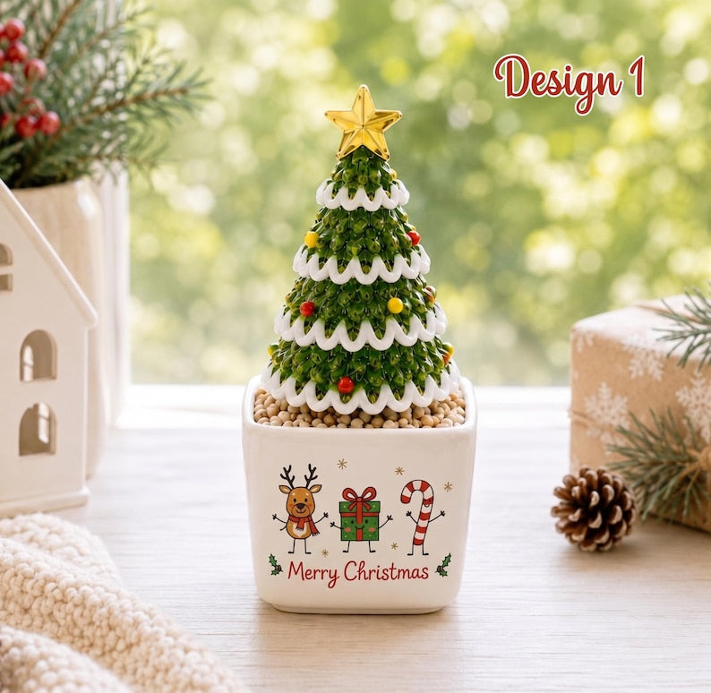 Personalized Santa & Reindeer Glass Christmas Tree Figurine, Custom Ceramic Pot Holiday Table Decor, Cute Xmas Keepsake