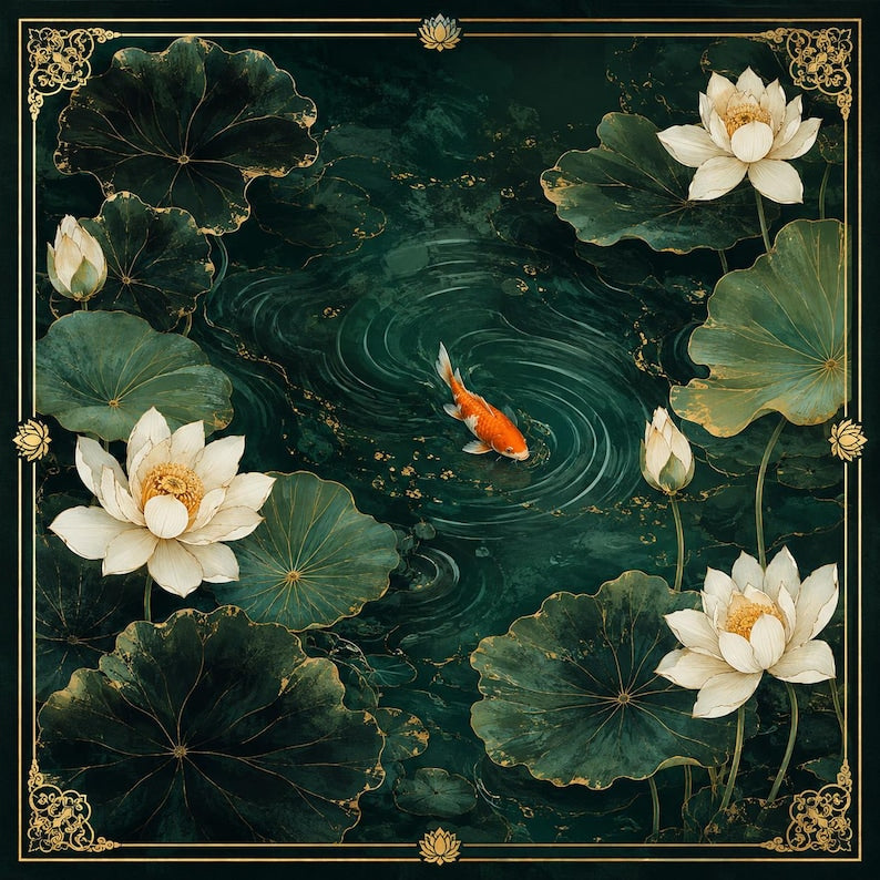 Koi Mahjong Mat, Luxury Lotus Pond Game Mat, Dark Botanical American Mahjong Table Mat, Japanese Garden Mahjong