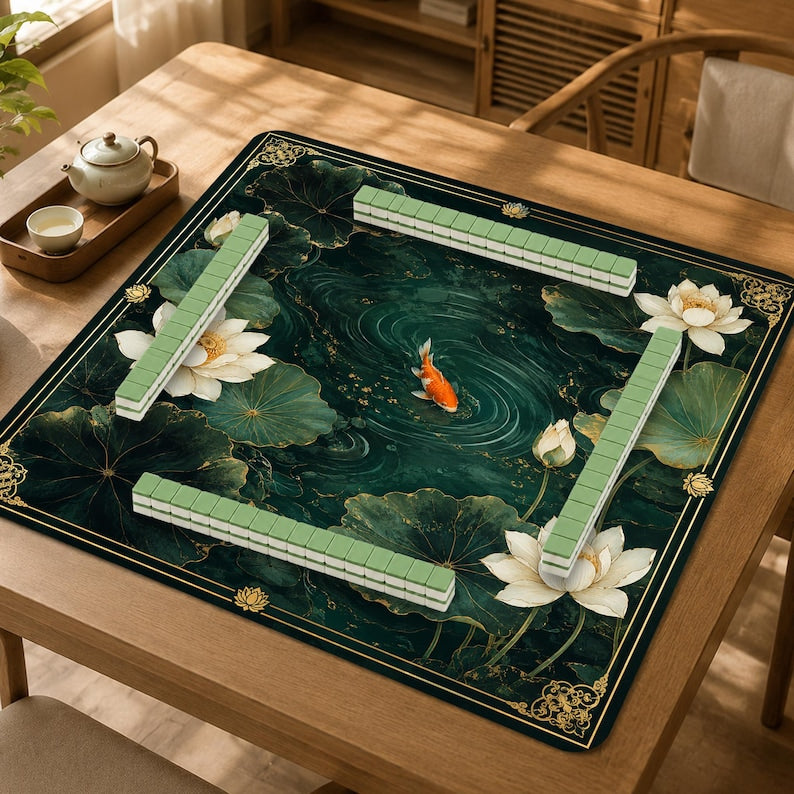 Koi Mahjong Mat, Luxury Lotus Pond Game Mat, Dark Botanical American Mahjong Table Mat, Japanese Garden Mahjong