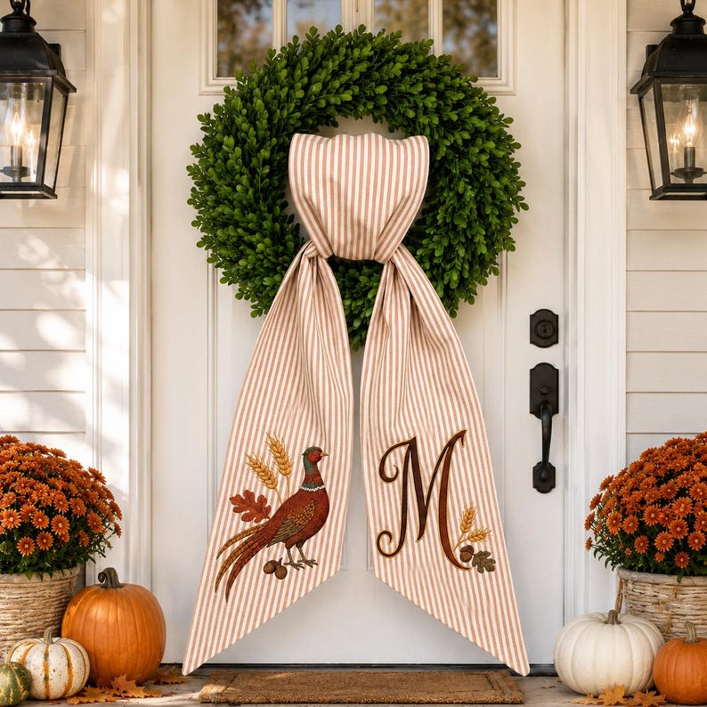 Personalized Pheasant Wreath Bow, Embroidered Fall Door Bow, Autumn Wreath Sash, Thanksgiving Front Door Decor