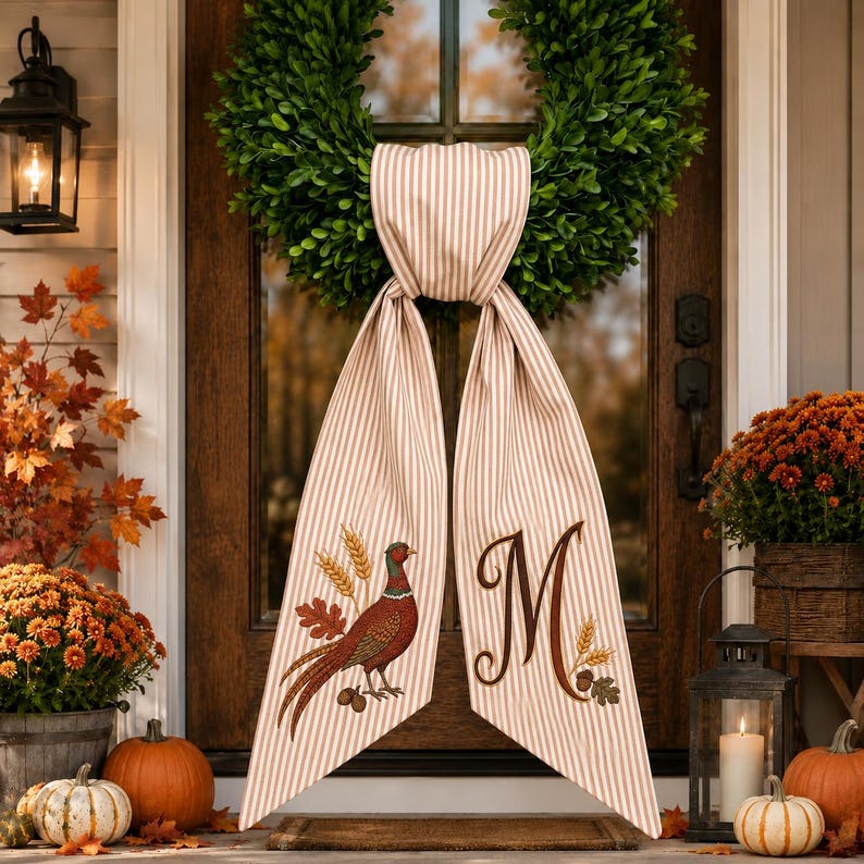 Personalized Pheasant Wreath Bow, Embroidered Fall Door Bow, Autumn Wreath Sash, Thanksgiving Front Door Decor