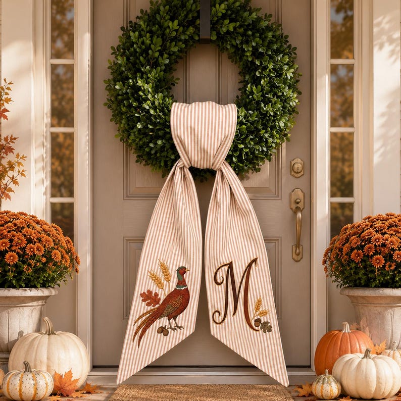 Personalized Pheasant Wreath Bow, Embroidered Fall Door Bow, Autumn Wreath Sash, Thanksgiving Front Door Decor