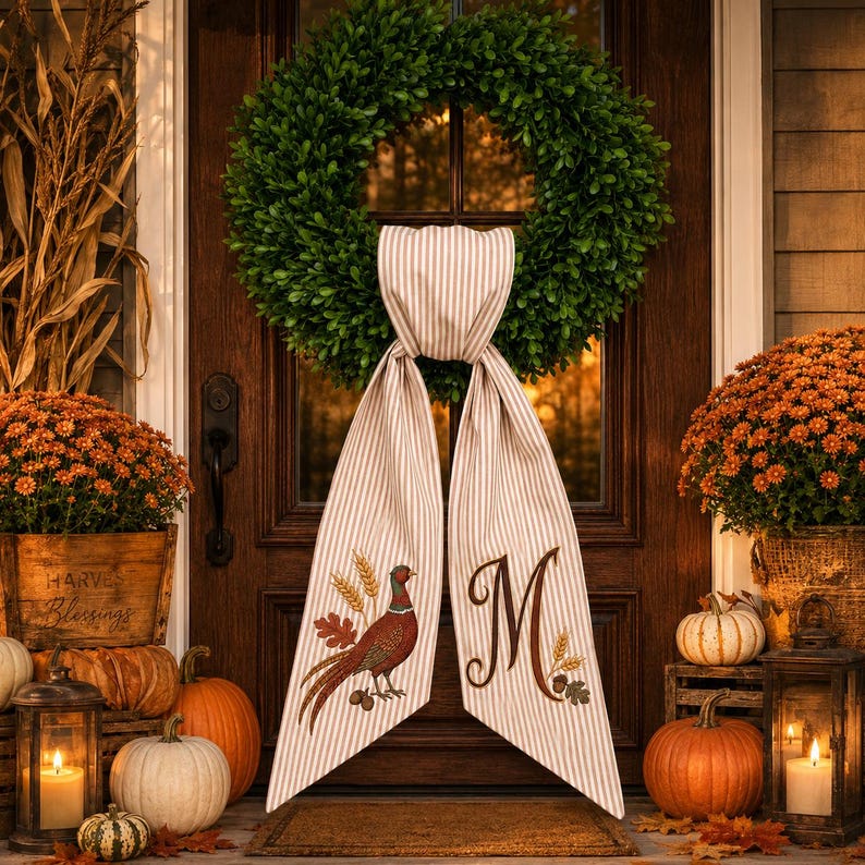 Personalized Pheasant Wreath Bow, Embroidered Fall Door Bow, Autumn Wreath Sash, Thanksgiving Front Door Decor