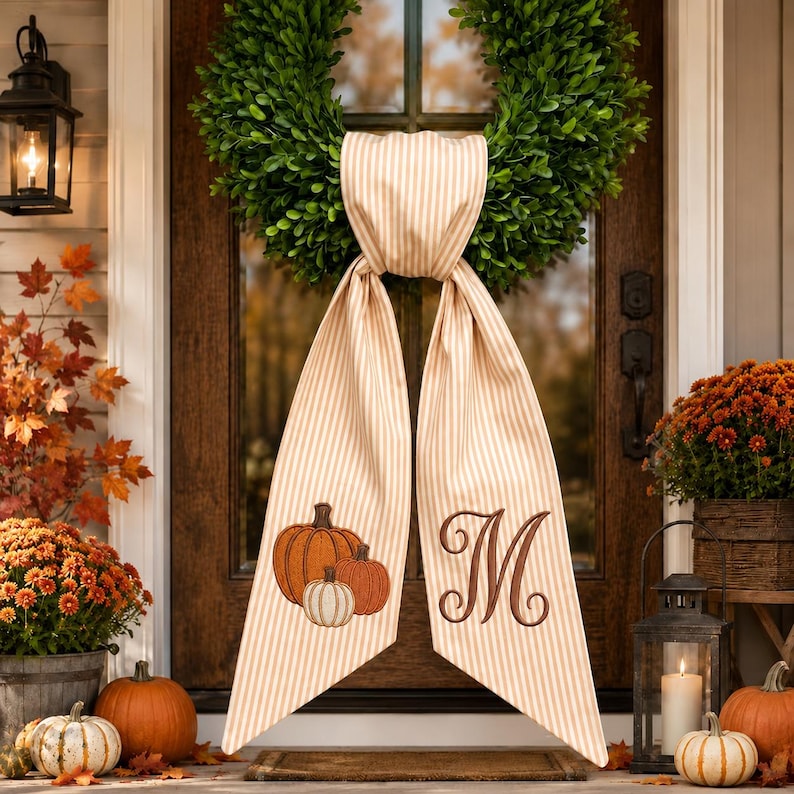 Personalized Pumpkin Wreath Bow, Embroidered Fall Door Bow, Custom Initial Autumn Wreath Sash