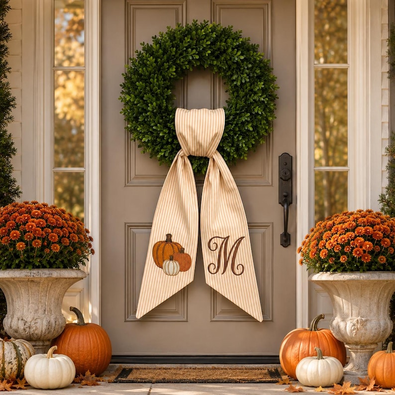 Personalized Pumpkin Wreath Bow, Embroidered Fall Door Bow, Custom Initial Autumn Wreath Sash