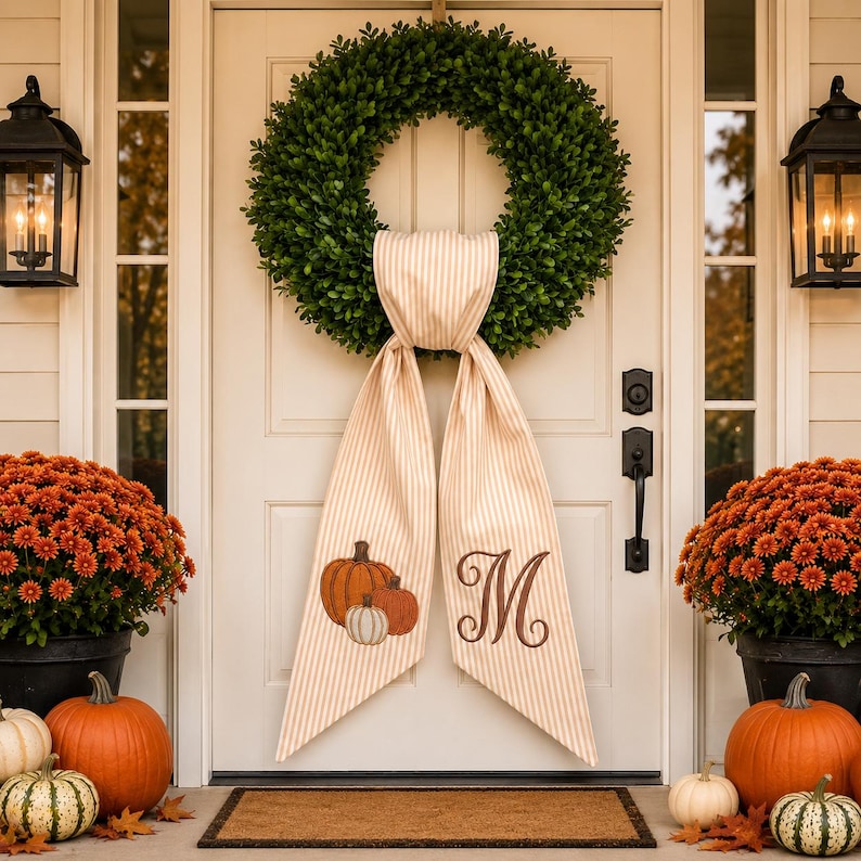 Personalized Pumpkin Wreath Bow, Embroidered Fall Door Bow, Custom Initial Autumn Wreath Sash