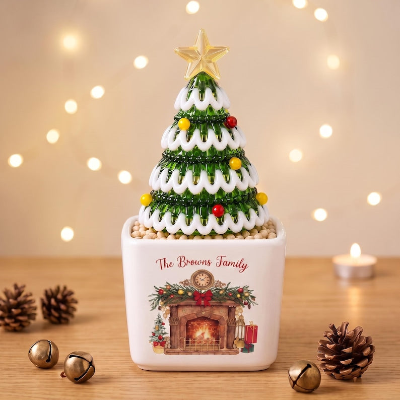 Personalized Fireplace Glass Christmas Tree, Custom Family Name Ceramic Pot, Cozy Winter Holiday Mantel Decor